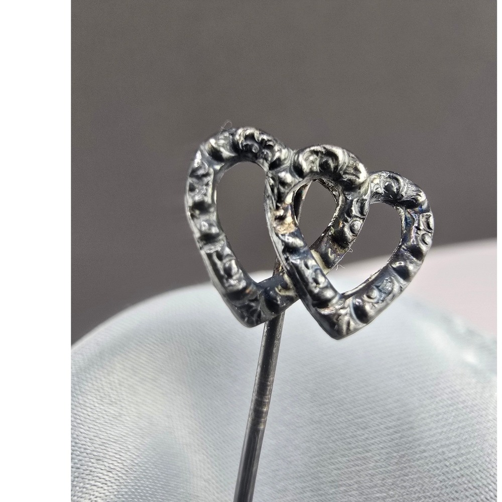Vintage Estate Stick Pin Silver Tone Double Heart Textured Lapel Hat Pin 2in